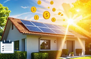 Conceptual image depicting a house with solar panels illuminated by sunlight, surrounded by symbols of financial savings and tax incentives.