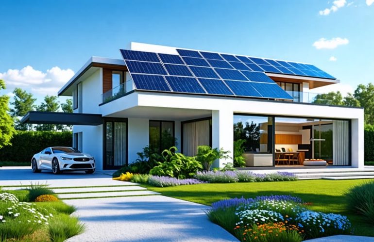 Modern home with solar panels on the roof receiving bright sunlight, representing sustainable and efficient energy design.