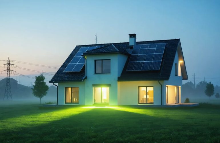 Conceptual illustration of a modern house with solar panels, battery storage, and a green energy aura, symbolizing energy independence and sustainability.