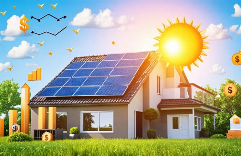 Illustration of a house with solar panels on its roof, under a clear sky with symbolic representations of financial growth.