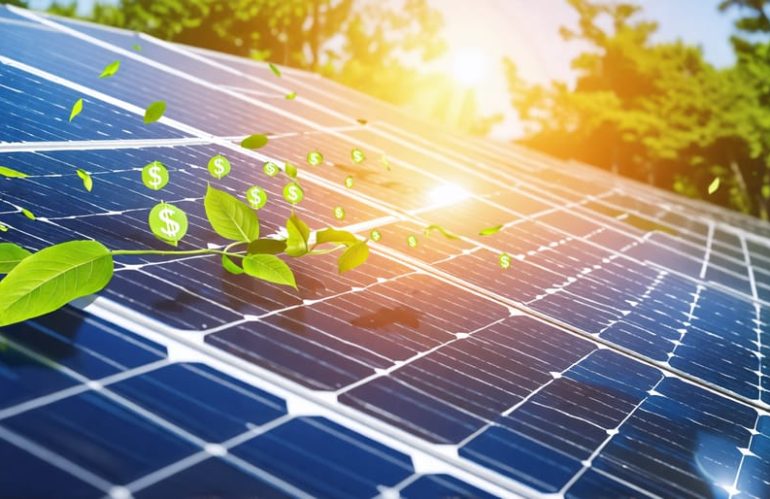 Illustration of a solar panel system converting sunlight into electrical energy through an inverter, symbolizing financial savings and environmental sustainability.
