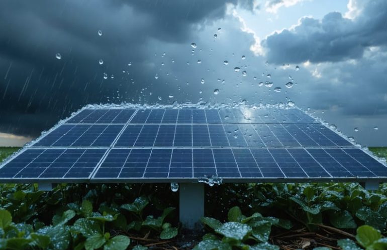 Solar panel enduring a hailstorm, illustrating protective measures and the impact of hailstones on solar technology.