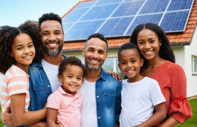 Diverse families proudly standing in front of houses equipped with solar panels, symbolizing accessibility of solar energy for low-income households.