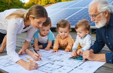 A family from different generations learning about solar energy together; a young person demonstrates solar technology to an older family member using a tablet, with solar panels visible in the background.