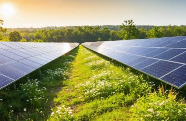 A digital illustration showcasing a community solar farm in a bright Georgia landscape, featuring rows of solar panels surrounded by native plants, symbolizing accessible clean energy and environmental harmony.