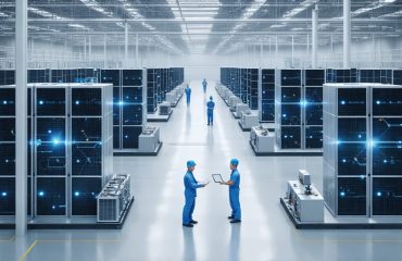 A modern grid-scale battery storage facility featuring large industrial batteries and advanced monitoring equipment, symbolizing the link between renewable energy technology and insurance coverage for solar investments.