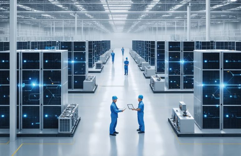 A modern grid-scale battery storage facility featuring large industrial batteries and advanced monitoring equipment, symbolizing the link between renewable energy technology and insurance coverage for solar investments.