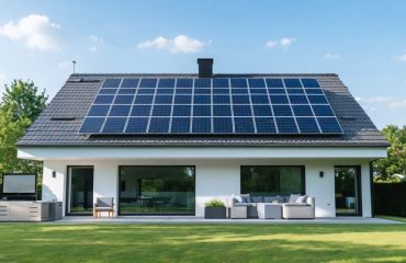 A professionally designed illustration of a modern home with an 8kW off-grid solar system, featuring solar panels on the roof, a battery storage unit, and an inverter, symbolizing energy independence and sustainable living.
