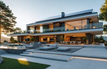 A contemporary house showcasing integrated solar roof tiles, transparent solar windows, and a digital smart monitoring system, illuminated by sunlight to highlight advanced solar technologies for sustainable living.