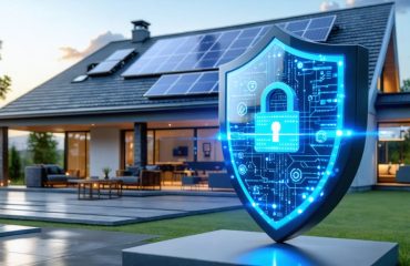 A modern home with rooftop solar panels and a visible smart battery storage system, overlaid with a digital security shield symbolizing cybersecurity measures.