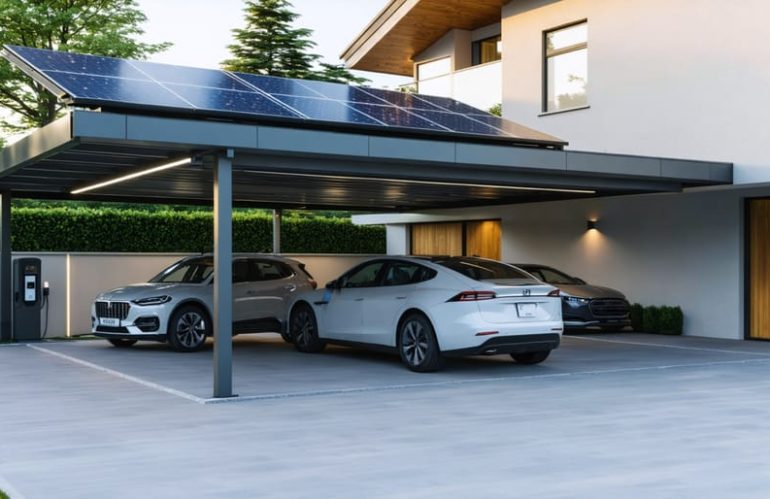 A modern solar panel carport, providing covered parking for two cars and generating solar energy. The carport features integrated LED lighting and an electric vehicle charging station, blending innovation seamlessly with a suburban home setting.