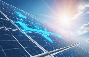 Illustration of a solar panel converting sunlight into electricity, symbolizing efficiency with energy flow arrows and percentage symbols, highlighting its relevance for residential applications.