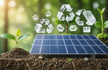 Conceptual illustration depicting the transformation from raw quartz sand to sustainable silicon wafers in solar panel manufacturing, highlighting recycling and environmental innovation.