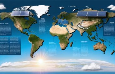 Conceptual illustration showing a global map with solar panels mapped to different climate zones, highlighting adaptability to snowy, sunny, and tropical environments alongside lifecycle stages.