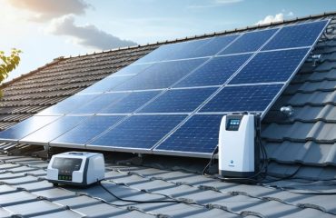 Residential rooftop solar panel system with battery storage, supporting medical equipment like an oxygen concentrator and CPAP machine, illustrating the reliability of solar power for healthcare needs.