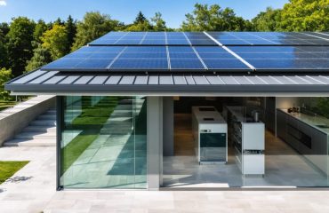 A sunlit home with rooftop solar panels and a visible battery system, representing energy independence and resilience against power outages.