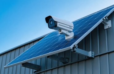 Solar-powered security camera with integrated solar panel mounted on a modern commercial building, exemplifying advanced surveillance technology.