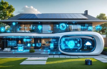 Futuristic home showcasing various solar storage technologies with digital interfaces, highlighting diverse battery types, thermal systems, and weather-adaptive features for energy independence and cost savings.