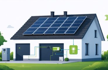 Illustration of a house with solar panels and a battery storage unit, showing the flow of solar energy from the rooftop panels to the battery and into the home during nighttime.