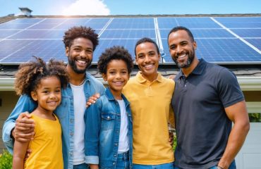 Diverse family smiling outside their home with solar panels on the roof, discussing solar incentives with a community worker under a sunny sky.
