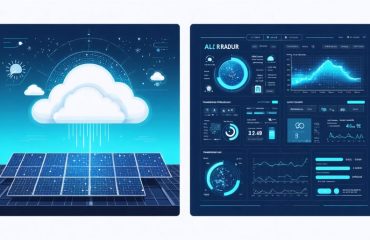 Split-screen illustration comparing traditional weather forecasting with modern AI-driven solar predictions, highlighting advanced technology in energy efficiency.