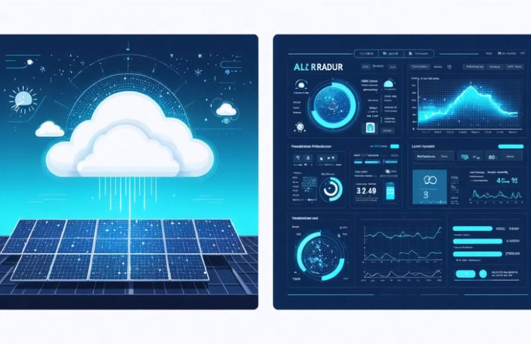 Split-screen illustration comparing traditional weather forecasting with modern AI-driven solar predictions, highlighting advanced technology in energy efficiency.