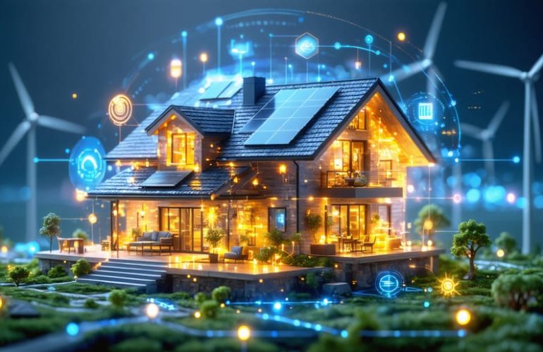 Illustration of a smart home with solar panels and digital energy dashboard, depicting AI-powered energy management and renewable energy sources.