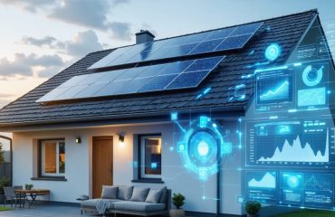 A modern home with solar panels on the roof, accompanied by a digital dashboard displaying predictive energy analytics and graphs, representing AI-driven energy storage optimization.