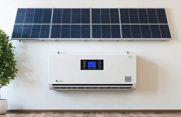 A well-maintained, wall-mounted solar inverter system with a clear digital display and organized connection points, highlighting its role in solar energy efficiency.