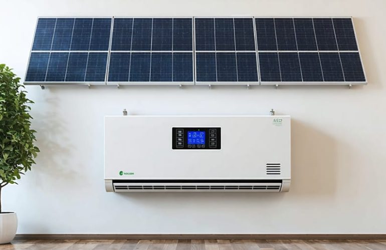 A well-maintained, wall-mounted solar inverter system with a clear digital display and organized connection points, highlighting its role in solar energy efficiency.