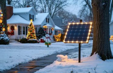 A neighborhood decorated with colorful solar Christmas lights at dusk, featuring a prominently placed solar panel absorbing the last daylight amid a snowy setting.