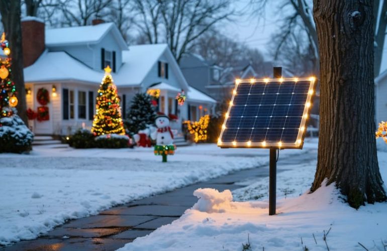 A neighborhood decorated with colorful solar Christmas lights at dusk, featuring a prominently placed solar panel absorbing the last daylight amid a snowy setting.