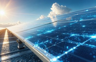 Conceptual image depicting futuristic solar panels with self-healing micro-cracks and digital energy flow lines symbolizing enhanced efficiency and longevity.