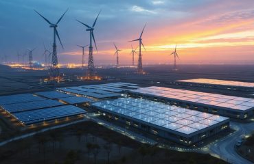 A dynamic landscape showing wind turbines, solar panels, and large battery storage units, reflecting the integration of renewable energy and grid-scale storage in maintaining a reliable power supply for a city at dusk.
