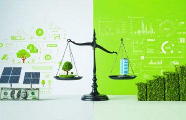 Conceptual illustration depicting a cost-benefit analysis for home battery systems, featuring a scale balancing financial metrics with sustainable energy solutions, highlighting informed decision-making.
