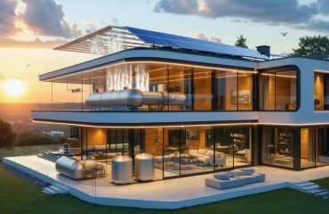 Modern home showcasing an integrated system of solar panels and hydrogen fuel cell technology, highlighting the clean energy process with water vapor and sustainable infrastructure.