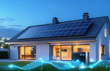 A modern home showcasing rooftop solar panels and a nearby battery storage unit with digital lines indicating energy flow, representing energy independence and solar power utilization both during the day and at night.
