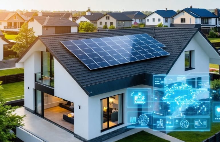 A homeowner using a digital monitor to track solar energy production and savings, with solar panels visible on the roof of a modern residence.
