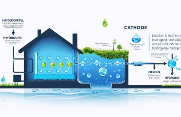 Conceptual illustration of a hydrogen fuel cell showing the cathode process where oxygen molecules, electrons, and hydrogen ions combine to form water, highlighting the clean energy transformation for home power.
