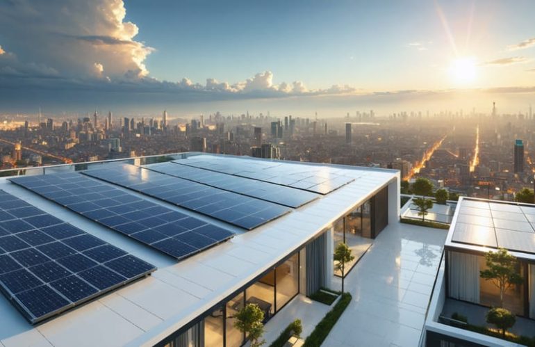 A futuristic city with rooftops equipped with advanced solar panels, including perovskite, transparent, and tandem cells, under a bright sun.