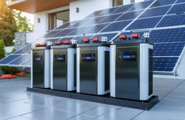 An advanced residential solar power system featuring multiple connected 6-volt batteries, showcasing the modern and efficient energy storage solution for home use.