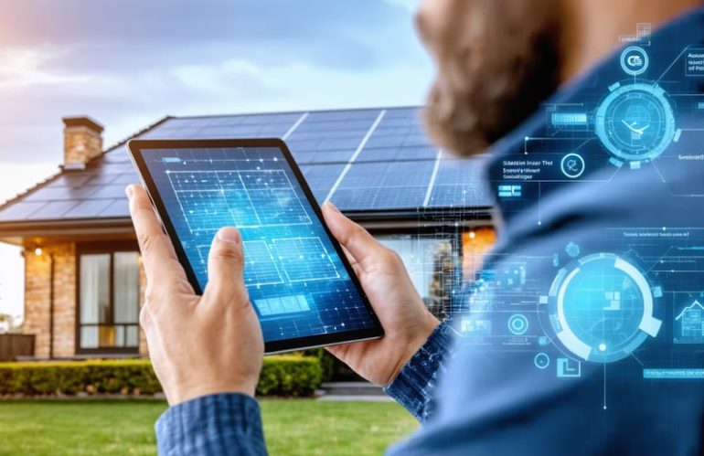 A homeowner using a tablet to view a digital interface that displays solar panel layout, instant quotes, and scheduling features, illustrating the effortless process of going solar.