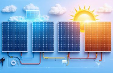 Conceptual illustration showing four solar panels in a series-parallel configuration with arrows indicating voltage and current flow, demonstrating optimized energy efficiency and system reliability.
