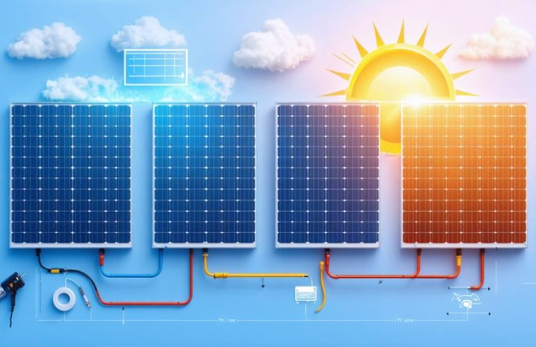 Conceptual illustration showing four solar panels in a series-parallel configuration with arrows indicating voltage and current flow, demonstrating optimized energy efficiency and system reliability.