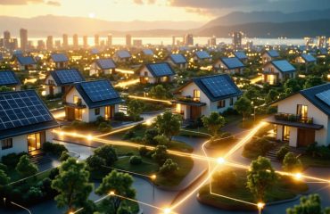 Futuristic urban landscape with AI-optimized solar panel systems on rooftops, illuminated by sunlight, representing intelligent energy management.