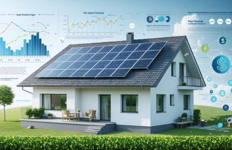 Conceptual illustration of a home with solar panels, illustrating investment growth and financial savings through innovative solar financing.