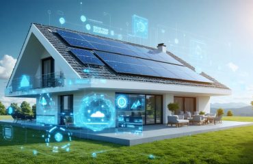 Futuristic smart home with solar panels and a digital interface displaying predictive analytics for optimizing energy production and consumption.