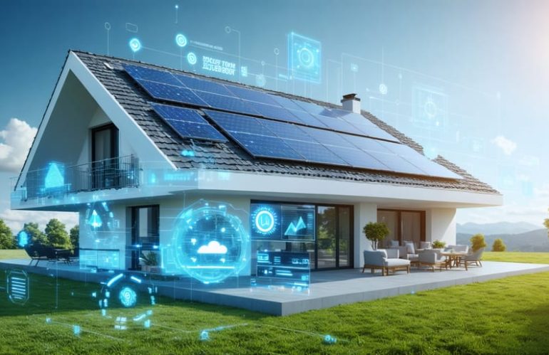 Futuristic smart home with solar panels and a digital interface displaying predictive analytics for optimizing energy production and consumption.