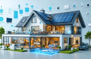 Conceptual illustration of a home with solar panels integrated with smart home devices, including a thermostat, smart appliances, and battery storage, conveying energy efficiency.