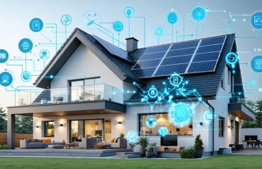 Illustration showing a modern house with solar panels and a digital network overlay connecting smart home devices, representing Z-Wave automation integration with solar energy.